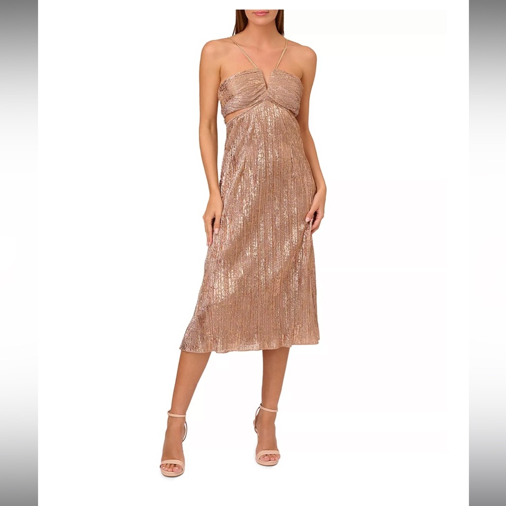 Liv and Foster “rose gold foil” midi dress with chain detailing